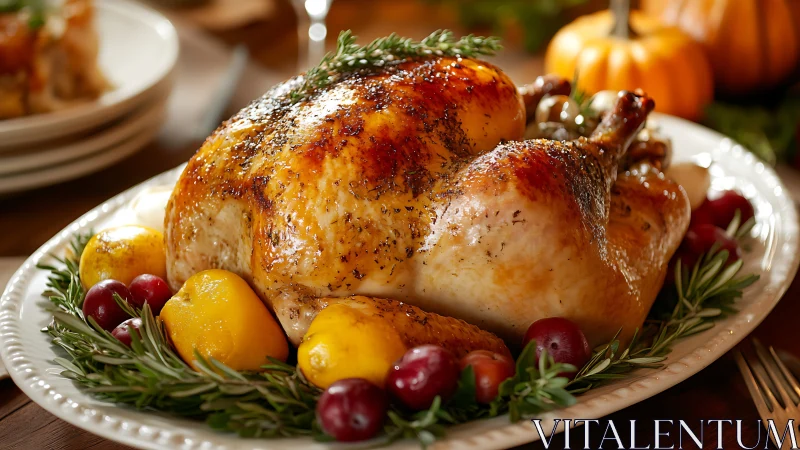 Roasted Chicken with Fall Garnish and Herb Presentation.