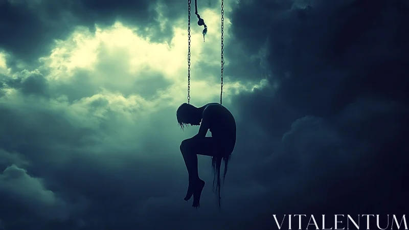 Silhouetted figure on suspended swing amid storm clouds.