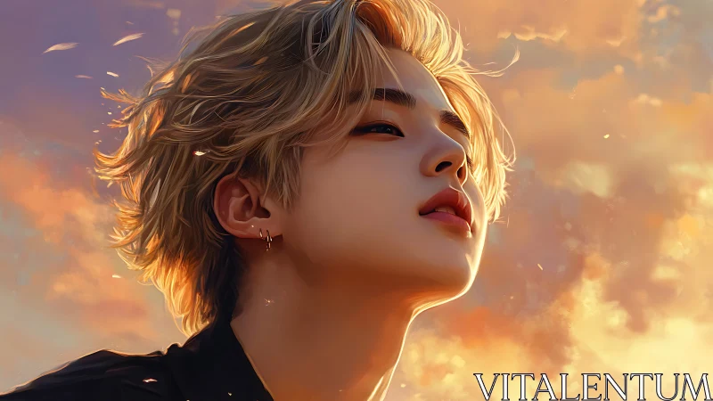 Blond androgynous portrait against vivid sunset sky.