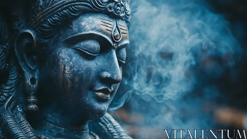 Smoky blue deity visage dreaming in quiet sacred haze.