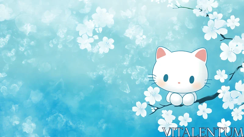 Anime-style white cat on cherry blossom branch, soft gradient.