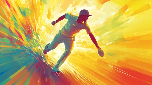Cricket player rendered in motion amid radial color streaks
