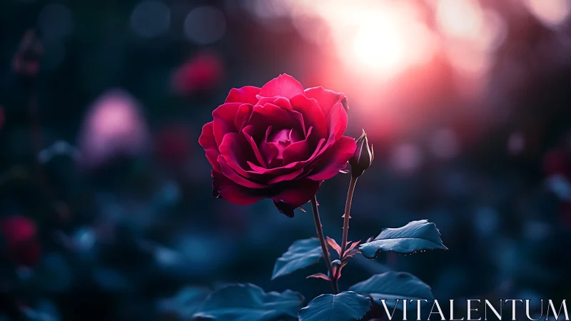 Radiant Crimson Rose Blooming in Twilight's Embrace