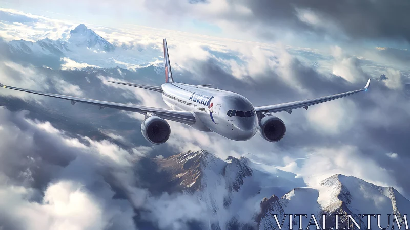 Twin‑engine airliner cruising above sunlit alpine cloud deck