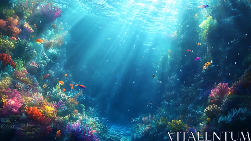 Vibrant coral reef scene with colorful tropical fish.