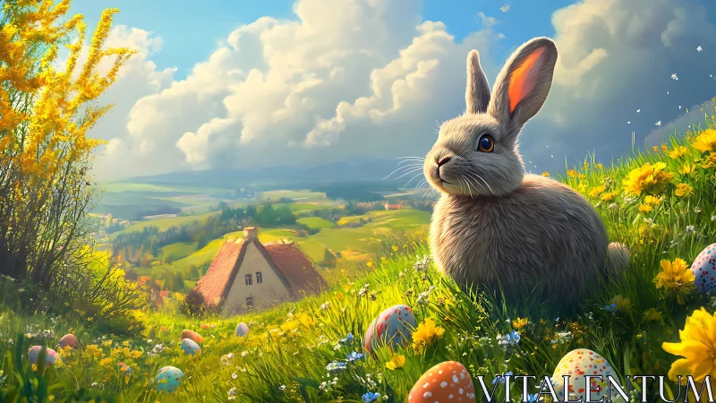 Digital painting of spring rabbit on hillside with cottage vista.