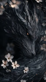 Dark scaled dragon head rendered with shallow depth of field