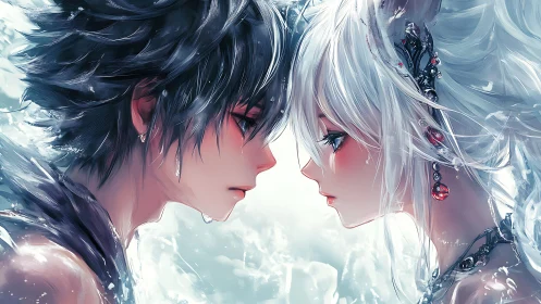 Anime couple touch foreheads in luminous icy atmosphere