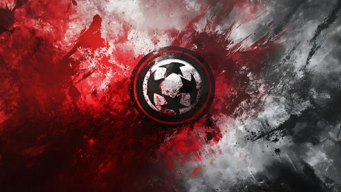 Radial emblem over red and gray splatter field suggests dynamic impact