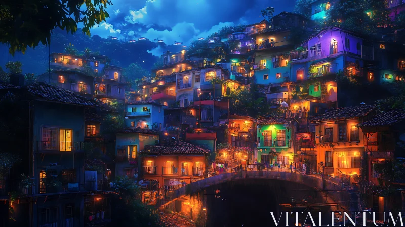 Terraced hillside village with saturated neon facades and dense bokeh lighting