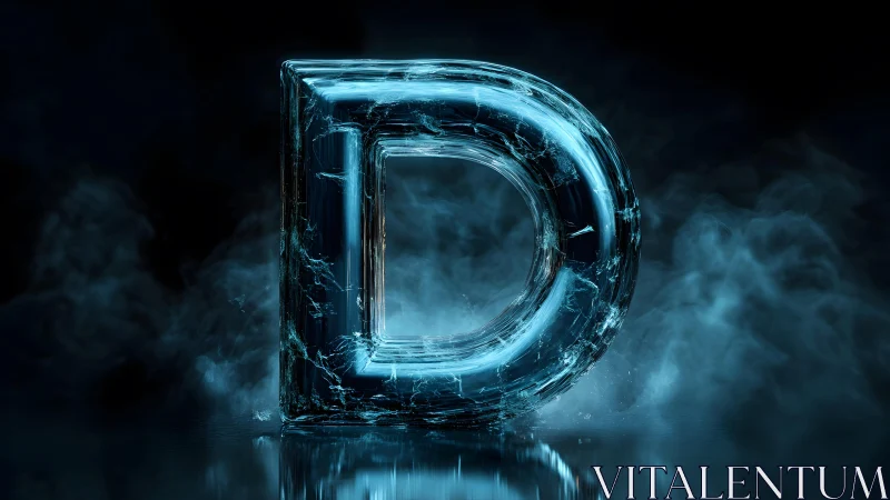 Shattered Glass Letter D in Blue Smoke, Futuristic Digital Art.