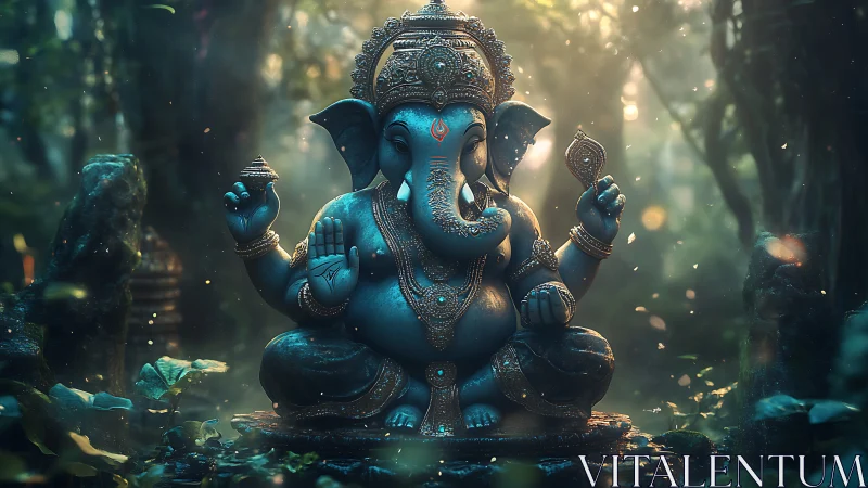 Mystical blue Ganesha statue glows in lush forest temple.