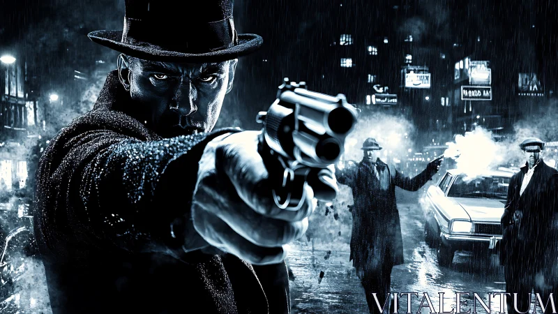 Noir gunman points revolver in dark rainy city street.