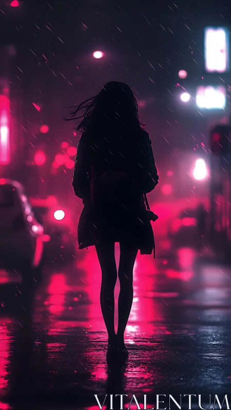 Silhouette walks through neon city street in soft rainfall