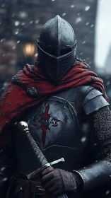 Snow-dimmed crusader cloaked in scarlet and battle scars.