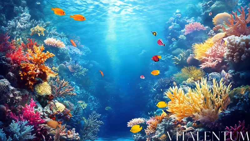 Coral reef scene with diverse fish in clear blue water.
