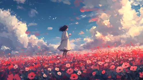 Girl in red flower field under vast luminous sky.