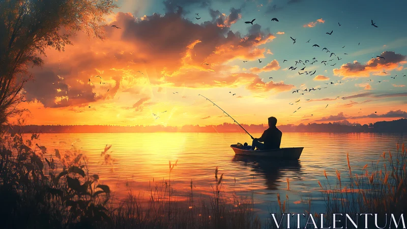 Solitary fisherman in luminous sunset over calm lake waters.