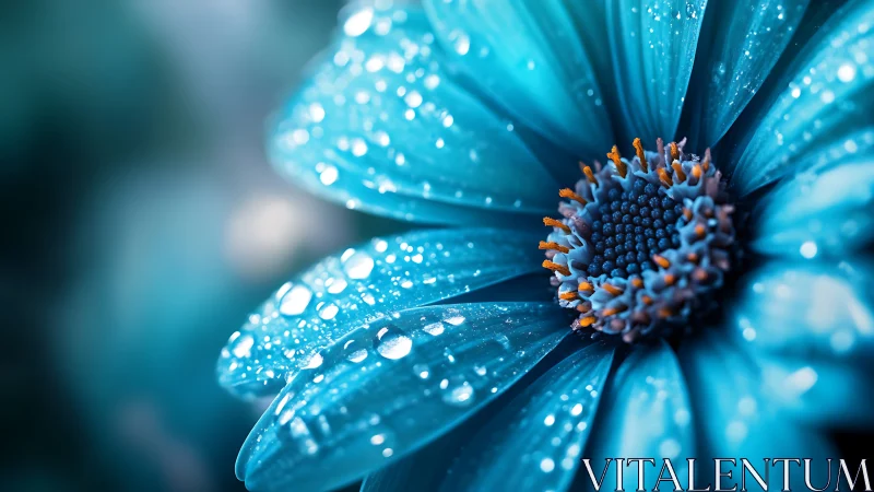 Turquoise Daisy Adorned with Dewdrops in Ethereal Focus.