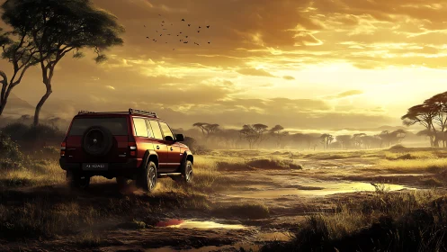 Sunlit safari tracks and a lone red rover exploring on.