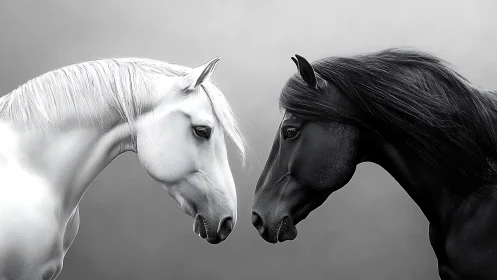 Gentle black and white horses sharing a quiet, tender moment.