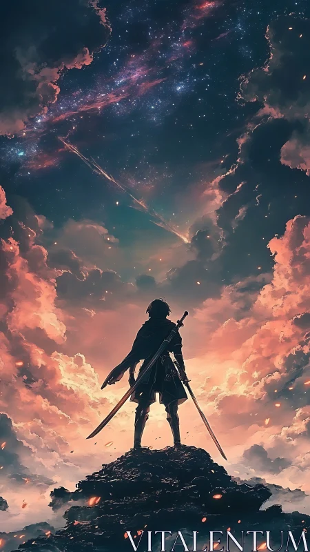 Lone swordsman gazes into a blazing cosmic sky of destiny.