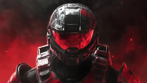 Red-armored exosuit portrait in high-contrast 3D lighting.