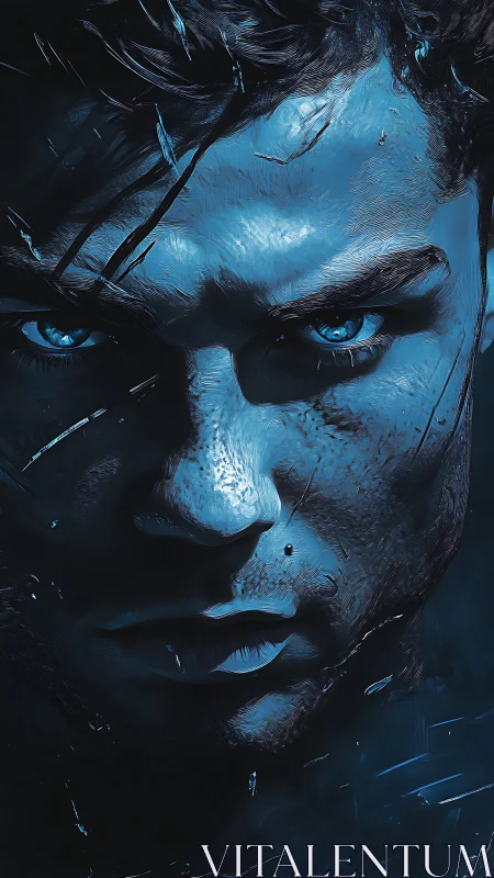 Moonlit warrior’s gaze carves thunder into electric silence