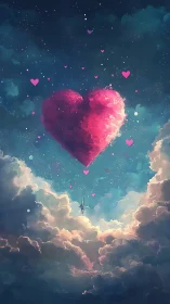 Luminescent Heart Suspended Above Clouds in Celestial Sky