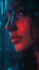 Cyberpunk rainlit portrait with neon bokeh and wet skin glow.