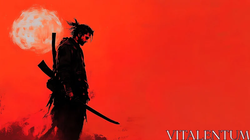 Solitary samurai silhouette under blazing vermilion sun.