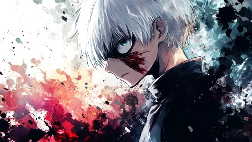 White haired anime boy in profile with bloodstained mask