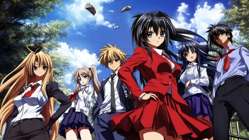 Confident anime students stand united under vivid summer sky