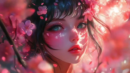 High-detail anime portrait under cherry blossoms with luminous bokeh