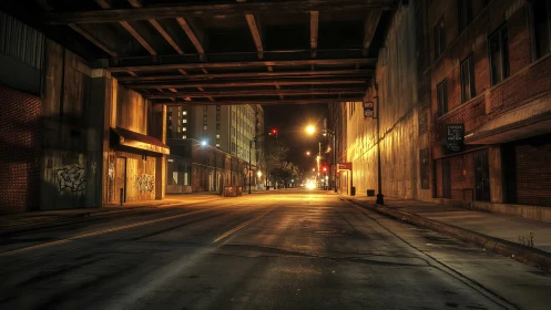 Empty downtown underpass street lit by orange streetlights.