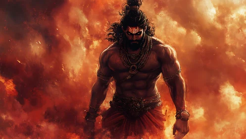 Mythic warrior strides through blazing inferno skyward