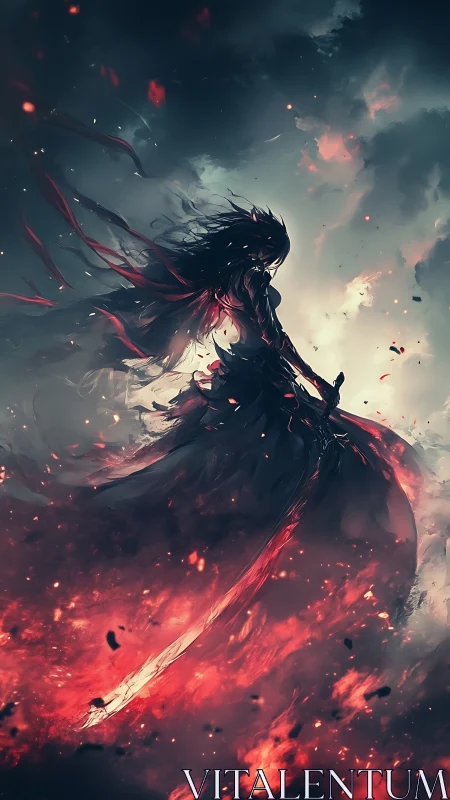 Silhouetted sword figure amid rising flames and smoke.