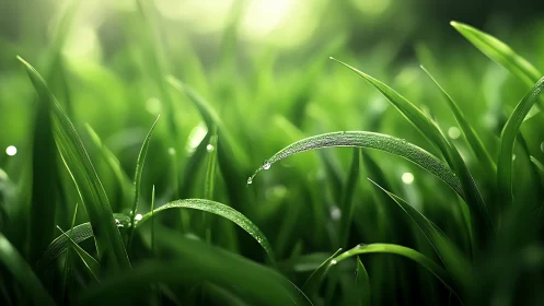 Morning dew sparkles across sunlit blades of vivid grass.