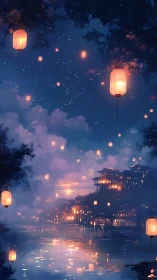 Sky lanterns drift above riverside temples at twilight