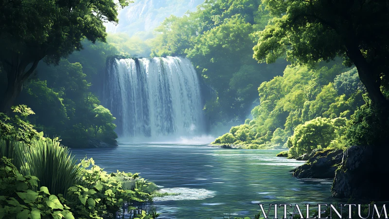 Illuminated Cascade Through Verdant Forest Valley with Turquoise Basin