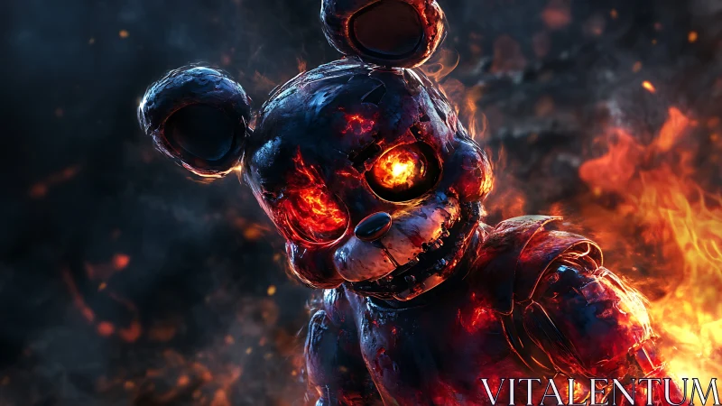 Charred animatronic bear with molten core in infernal blaze.