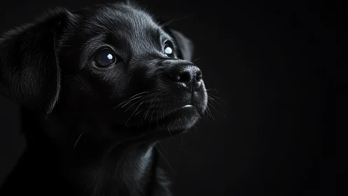 Close-up profile portrait of black puppy on dark background.