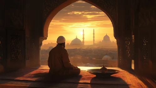 Solitary figure in archway overlooking domed city at sunset.