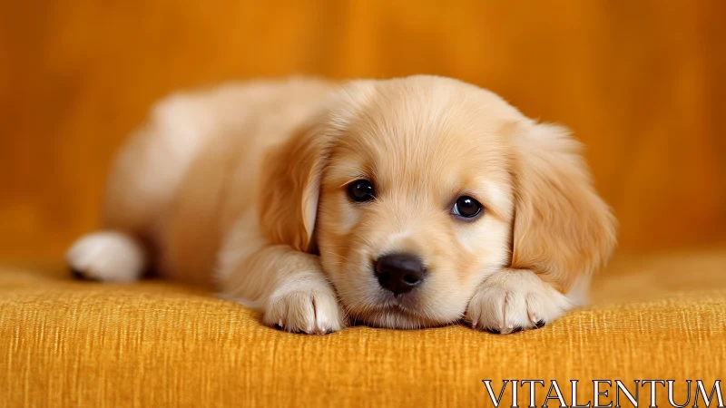 Soft-eyed golden puppy quietly melts into sunshine cushions
