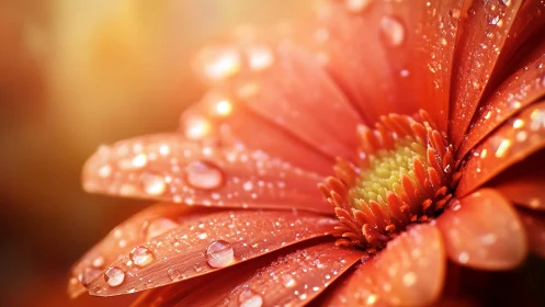 Red Gerbera Daisies Jeweled with Raindrops in Golden Light.