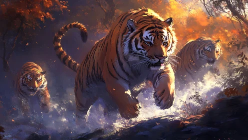 Tigers navigating through forest environment with atmospheric fire