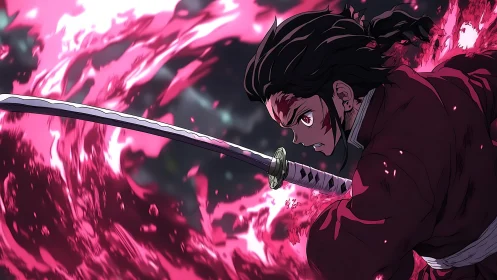 Swordsman unleashes crimson energy slash in dynamic charge