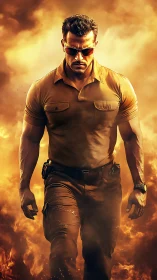 Fire-forged action hero strides through roaring inferno blaze.