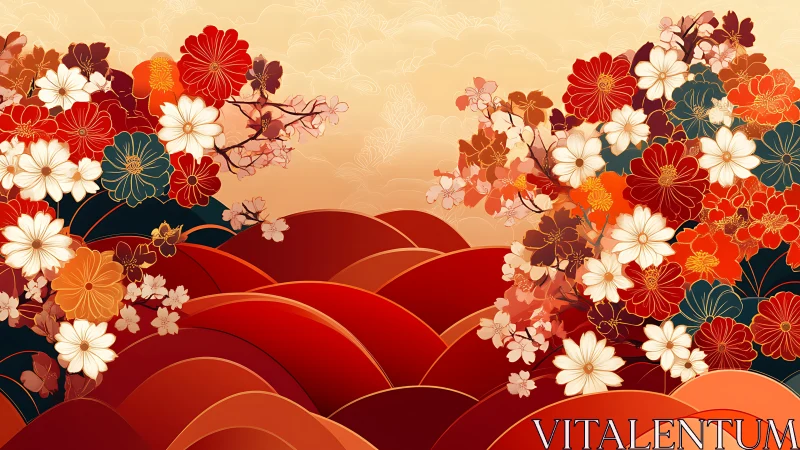 Crimson Blooms Cascade Through Undulating Landscape.