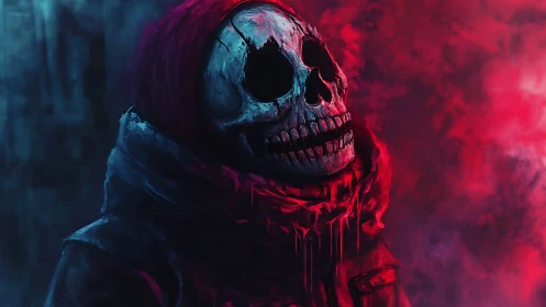 Hooded skeletal figure in neon red blue atmospheric haze